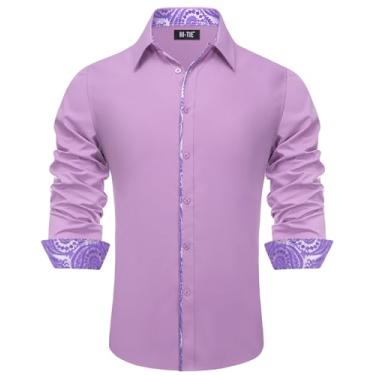 Imagem de Hi-Tie Camisas sociais masculinas de manga comprida lavanda camisas casuais com botões elásticas em 4 direções para festa de formatura, médio, Patckwork roxo, M