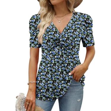 Imagem de ONLYSHE Camisetas femininas com gola V, manga curta, nó frontal, casual, lisa e floral, túnica Henley de verão, 4-b-preto, azul, M