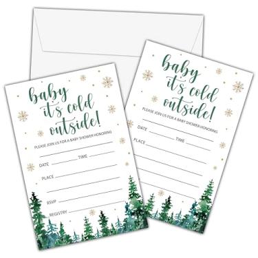 Imagem de Convites de chá de bebê Winter Wonderland com envelopes - Cartão de convite Baby It's Cold Outside para meninos e meninas - Cartões de convites de preenchimento de chá de bebê - Decorações e