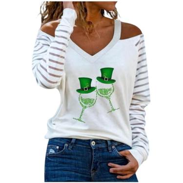 Imagem de Nagub Camiseta feminina St Patricks Day manga longa gola V estampa trevo ombro de fora plus size camisas modernas túnicas 2024, Taça de vinho, XXG