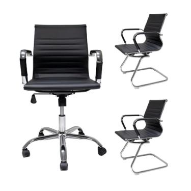 Imagem de Kit Cadeira de Escritório Ergônomica Confortável Diretor Stripes + 2 Cadeiras de Escritório Diretor Stripes Fixas Pretas