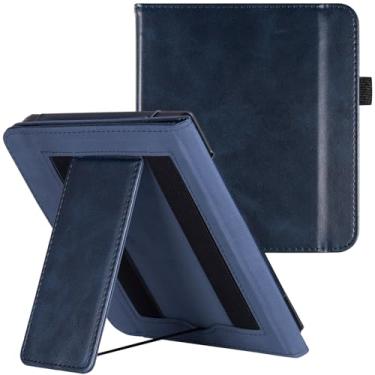 Imagem de LaoShuSheng Capa com suporte para 17.8 cm Kobo Libra Color (modelo N428)/Kobo Libra 2 / H2O (modelo N418 / N873) - capa fólio de couro PU com duas alças de mão e hibernar/despertar automático (azul