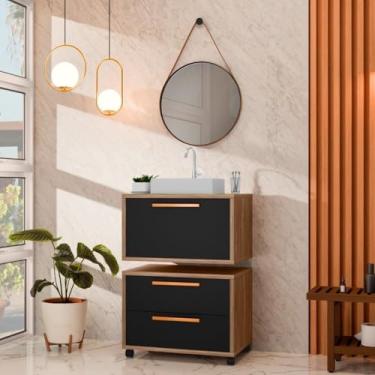 Imagem de Conjunto Gabinete para Banheiro com Rodízio, Cuba e Espelho Kyoto 60 com Tampo de Vidro Avelato/Preto