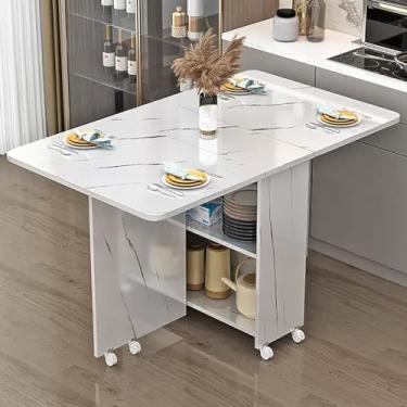 Imagem de Mesa de jantar dobrável para cozinha, mesa de jantar moderna em folha suspensa Mesa de cozinha expansível com 6 rodas, mesa extensível dobrável para economia de espaço com armazenamento de 2