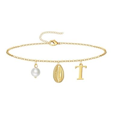 Imagem de QILMILY Tornozeleira feminina banhada a ouro 14K à prova d'água, joia de verão para mulheres, adolescentes, letra T, 9inch, Sem Pedra Preciosa