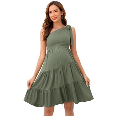 Imagem de FUNJULY Vestido de maternidade feminino, de verão, amarrado, um ombro só, linha A, minivestido rodado, para chá de bebê, Verde, G