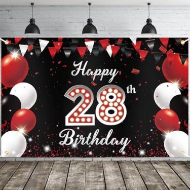 Imagem de JOYKY Banner de feliz aniversário de 28 anos, decorações de festa vermelhas e pretas para homens e mulheres, suprimentos de decoração de pano de fundo de 28 anos, 15 x 9 metros