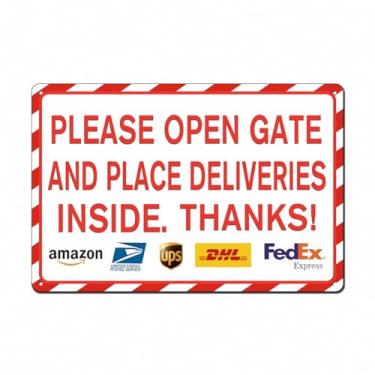 Imagem de Bevkyc Please Open Gate and Place Deliveries Inside Delivery Sign for Outdoor Use 30.5 cm "x20.8 cm " Placa de entrega de alumínio livre de ferrugem para escritório em casa garagem