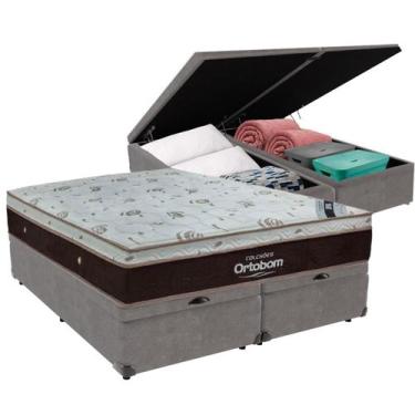 Imagem de Cama Box Baú Bipartido Queen Cinza e Colchão Sleep King Molas Ensacada