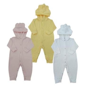 Imagem de KIT 3 PEÇAS Macacões Bebê Orelhinha Unissex - Rovidas Baby, Rosa, Amar