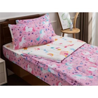 Imagem de NTBED Jogo de cama com zíper estampado unicórnio, conjunto de edredom floral de microfibra leve com lençol de elástico, rosa