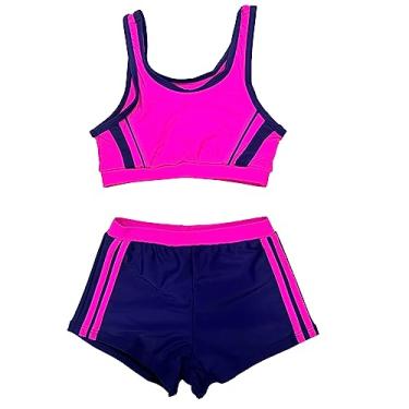 Imagem de DRHOM Roupa de banho infantil de duas peças esportiva de dança com short de bumbum, collant de ginástica, roupa de banho, Listra rosa vermelha, 7-8