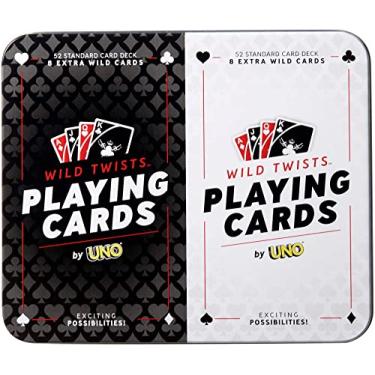 Imagem de Mattel Games Wild Twists Playing Cards by UNO Brand, 2 Sets of Standard 52-Card Deck Plus 8 Special Wild Cards in Storage Tin