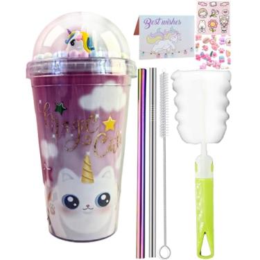 Imagem de seelucky Copo de viagem de unicórnio com canudo brilhante copo de gelo freezer caneca copo de plástico piquenique festa presente de aniversário (unicórnio fofo mágico 1, 450 ml)