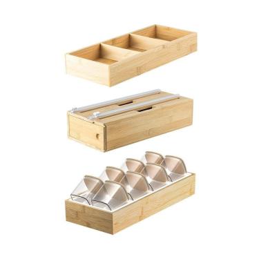 Imagem de Kit Organizador De Gaveta Com 01 Organizador Multiuso + 01 Organizador Rolos + 01 Organizador Temperos Em Bambu Ou