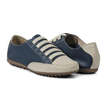 Imagem de Sapatênis Feminino em Couro Legítimo de Elástico Cor Azul Marinho c/Be