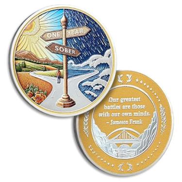 Imagem de Moeda de Sobriedade de 1 Ano Sober Signpost Moedas de Sobriedade Fichas AA e Medalhão Alcoólicos Anônimos Moeda Recuperação Aniversário Sobriedade Presentes para Mulheres Homens