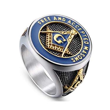 Imagem de Anéis maçônicos maçônicos para homens anel maçônico maçom de aço inoxidável prata azul maçonaria punk motociclista aliança de casamento (14)
