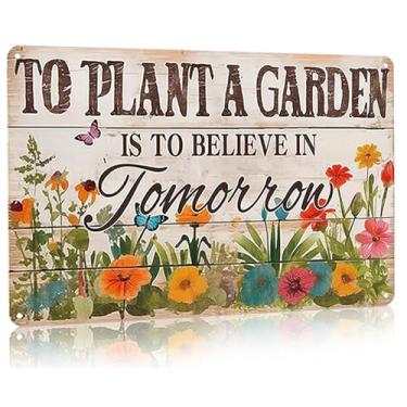 Imagem de Bestylez Presentes de jardinagem vintage placa de estanho para plantar um jardim é acreditar amanhã sinal para casa jardim estufa sala de estar quarto decoração ao ar livre 8X12 polegadas (3366)