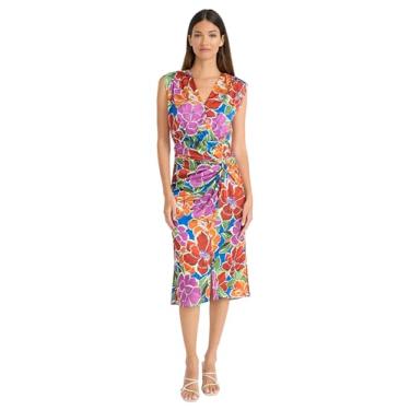 Imagem de Maggy London Vestido floral midi sem mangas para mulheres, decote em V, convidada de casamento e chá de panela, roupa de verão, Azul royal/chili, 38