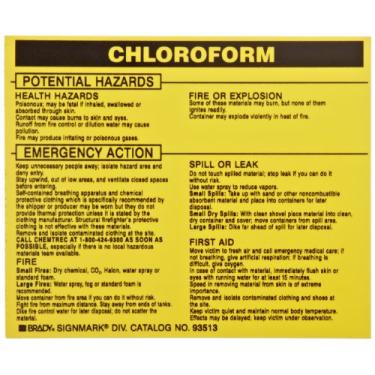 Imagem de Brady Etiqueta de material perigoso de vinil 93513, preto em amarelo, 9,5 cm de altura x 11,2 cm de largura, legenda "clorofórmio" (25 etiquetas por embalagem)