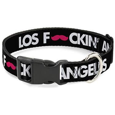 Imagem de Buckle-Down Coleira com clipe de plástico – Bigode LOS FCKIN' ANGELES preto/branco/rosa – 1,27 cm de largura – serve para pescoços de 15,22 a 22,86 cm – Pequena
