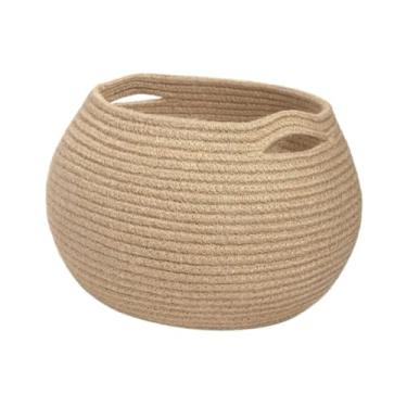 Imagem de ＫＬＫＣＭＳ Cesta de armazenamento tecida com alça, cesta decorativa pequena redonda da escaninho do recipiente para revistas dos brinquedos das toalhas, Cáqui