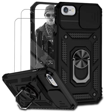 Imagem de Capa para iPhone 6 Plus e 7 Plus e 8 Plus Capinha | com 2 peças de protetor de tela temperado com janela deslizante da câmera e suporte para telefone incluídos - Preto