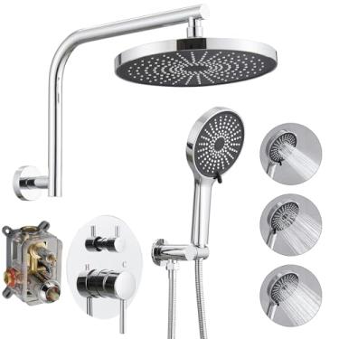 Imagem de BWE Sistema de Chuveiro Cromado, Conjunto de Torneiras de Chuveiro de Parede com Chuveiro de Chuva de 10" e Chuveiro de 3 Configurações, Ducha Manual, Acessórios de Chuveiro de Ban (, Cromo)
