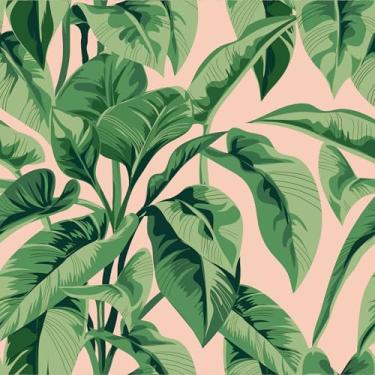 Imagem de VEELIKE Papel de parede rosa para descascar e colar de palmeira boho papel de parede tropical rosa para quarto, banheiro, 48 x 900 cm, papel de parede autoadesivo selva papel de contato rosa removível