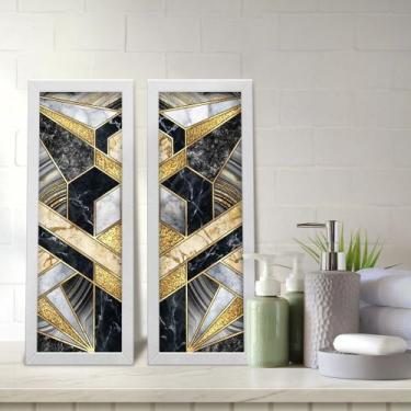 Imagem de Kit 2 Quadros Decorativos Lavabo Mármore Abstrato Dourado Preto Geomét