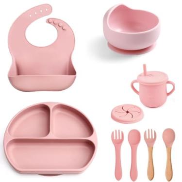 Imagem de Kit Refeição De Silicone Introdução Alimentar Papinha Infantil Bebê Prato Babador Copo Talher Silicone Ventosa Multiuso Crianças 10 Peças (Rosa)