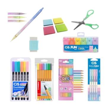 Imagem de Kit Material Escolar Colorido Kawaii Cor Pastel Fofinho Brush Stabilo Marca Texto Bloco Recado CIS