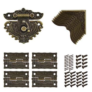 Imagem de Dobradiças de ferrolho decorativas gravadas antigas e protetores de canto de caixa para decoração e reparo de gaveta de armário de caixa de joias