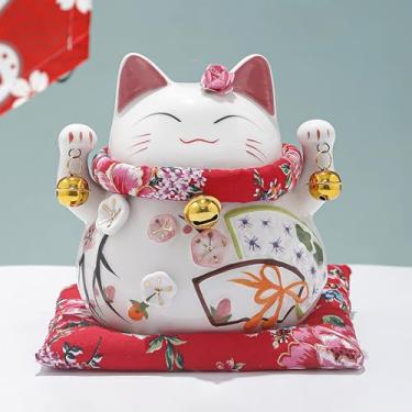Imagem de Lucky Cat Cerâmica Maneki Neko braço ondulante chinês Feng Shui Decoração Fortuna Boa Sorte Estatueta de gato cofrinho