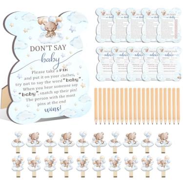 Imagem de Conjunto de 61 peças para chá de bebê, suprimentos de revelação de gênero para 20 convidados, inclui 20 lápis, 1 placa de bebê Don't Say 20 prendedor de roupa, decorações de festa de chá de bebê urso