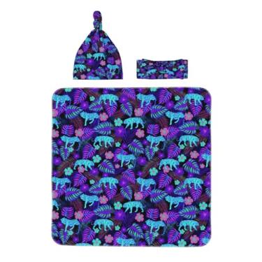 Imagem de Midaivu Conjunto de cobertor de tigre neon para recém-nascidos com faixa de cabeça e chapéu combinando, roupa para recém-nascidos voltando para casa, presente de chá infantil para 0 a 6 meses