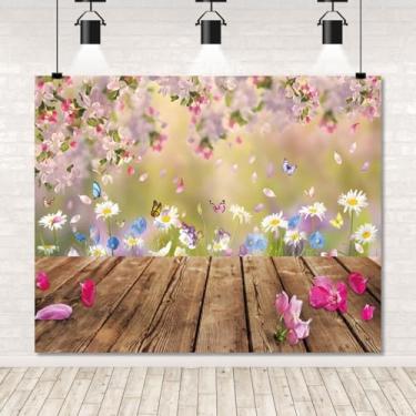 Imagem de Pano de fundo de primavera 3 x 2,4 m primavera flores rosa cenário de fotografia natureza chão de madeira fundo borboleta chá de bebê aniversário festa de Páscoa banner suprimentos para sessão de