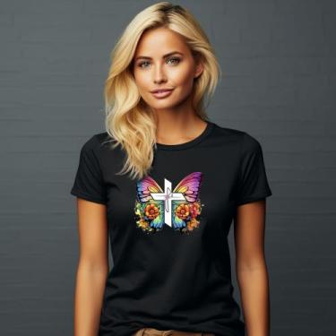 Imagem de Camiseta Feminina T-shirt 100% Algodão Estampas Religiosas Moda Cristã