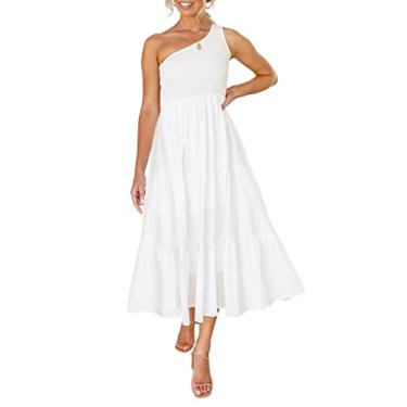 Imagem de ZESICA Vestido midi longo feminino boêmio de verão 2023 com estampa floral de um ombro só, sem mangas, franzido, babados, em camadas, Branco, P