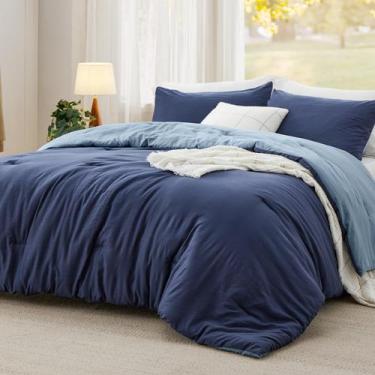 Imagem de Conjunto de edredom Bedsure Queen Size Reversible Navy, 3 peças