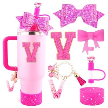 Imagem de Lingdeer Conjunto de acessórios de copo rosa rosa para Stanley Copo de 850 g e 1,134 g com alça, pingentes de letras, capas de canudo de arco e diamante, bota de silicone com glitter, adesivo