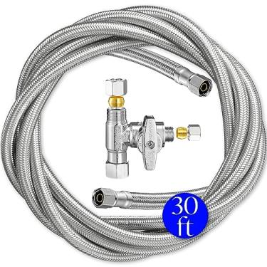 Imagem de Kit de linha de água para máquina de gelo para geladeira – Linha de água de geladeira trançada de 7,6 m com acessórios de compressão de 0,63 cm, núcleo de tubulação Pex e divisor de água