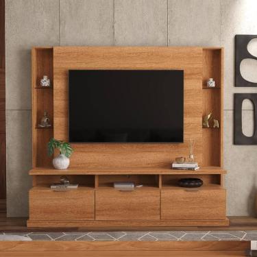 Imagem de Estante Home para TV até 70 Polegadas 3 Portas Prateleiras Vidro e Rodízio Bilbao Jequitibá - Lukaliam