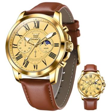Imagem de OLEVS Relógios masculinos com pulseira de couro, relógio analógico de quartzo, moderno, mostrador grande, data, relógio à prova d'água, vestido luxuoso, luminoso, masculino, G3632 - Marrom-dourado