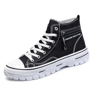 Imagem de Tênis masculino de lona de cano alto para caminhada, confortável, moderno, casual, tênis de skate com sola macia, Preto, 39