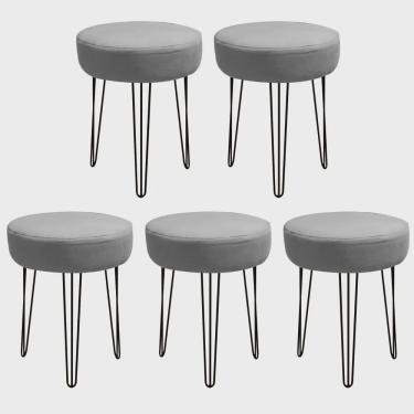 Imagem de Kit 05 Banquetas Puff Jullia Luxo 55cm Industrial Ferro Preto Corino Cinza - Ahz Móveis