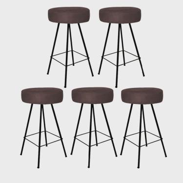 Imagem de Kit 05 Banqueta Alta Laisa Industrial Redonda Cozinha Bar Balcão Bistrô Ferro Preto Tecido Sintético Marrom - Ahz Móveis