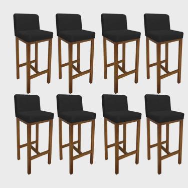 Imagem de Kit 08 Banqueta Alta Com Encosto Aila Cozinha Balcão Bistrô Base Madeira Castanho Suede Preto - Ahz Móveis