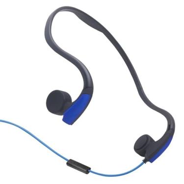 Imagem de GZLMMY Fones de ouvido de condução óssea, fones de ouvido com fio de 3,5 mm com microfone, fones de ouvido esportivos resistentes ao suor (azul)